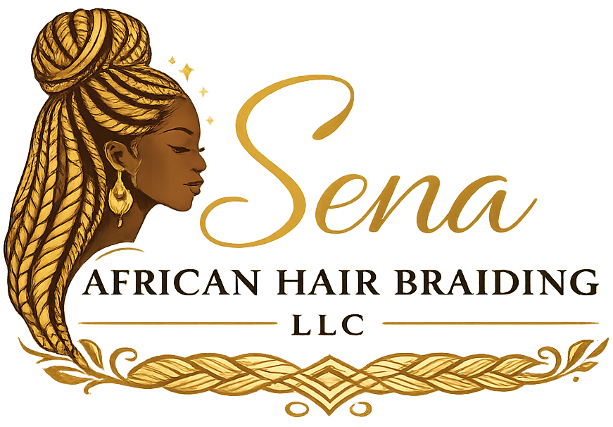 Logo of Sena African Hair Braiding LLC featuring a stylized illustration of a woman with braided hair.